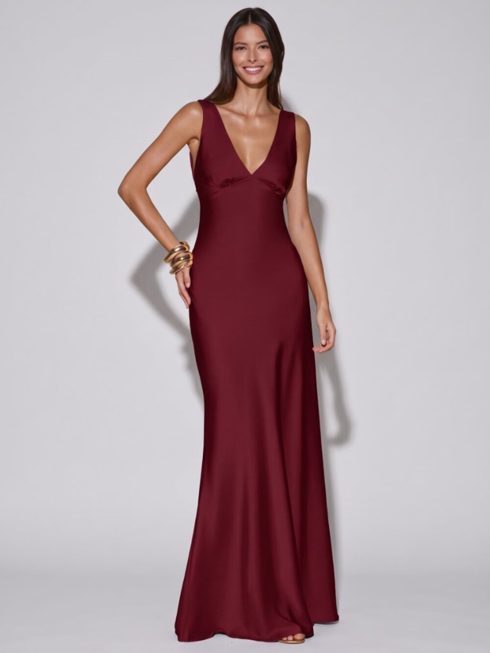 Women's Burgundy Deep V-Neck Backless Maxi Dress Tie Back Bridesmaid Formal - Picture 2 of 3